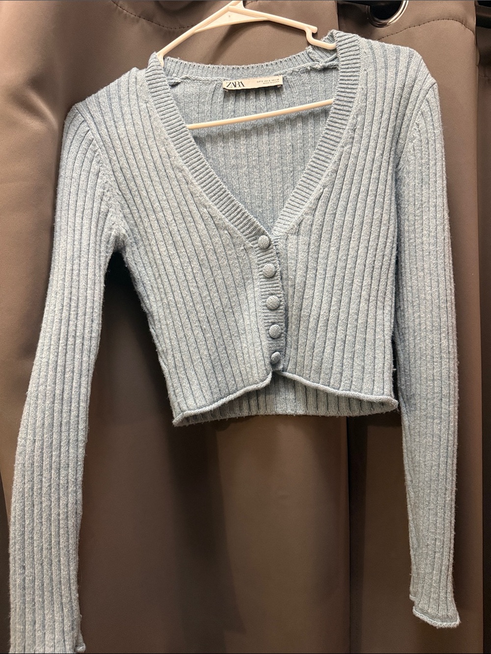 Zara Pale Blue Ribbed V-Neck Cropped Cardigan
